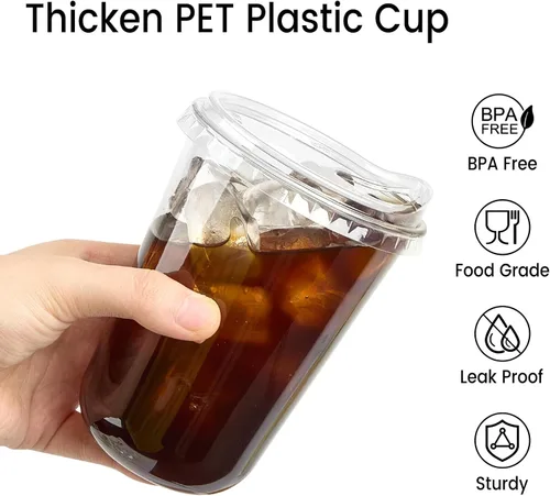Miniatura 4 de Tazas de plástico transparentes con fondo redondo y tapas con orificio, 25 juegos, tazas de café helado desechables de 16 oz con tapas sin pajita