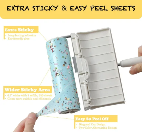 Miniatura 7 de Rodillo de pelusa de superficie grande extra adhesivo con mango largo extensible a prueba de polvo, 6.3 pulgadas más ancho, 240 hojas, rodillos