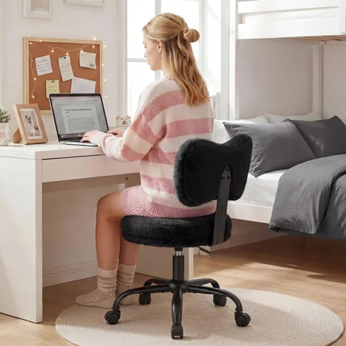 Miniatura 8 de Homkdom Silla de tocador con ruedas, bonita silla de escritorio con respaldo de lazo, silla de oficina pequeña de piel de conejo sintética esponjosa