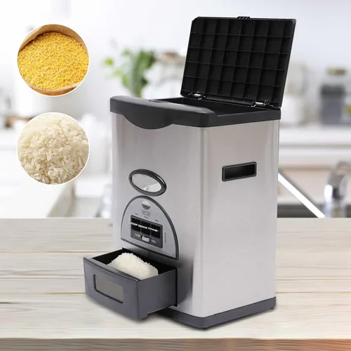 Miniatura 2 de Dispensador automático de arroz, caja de almacenamiento de dispensador de granos, contenedor de almacenamiento de arroz de acero inoxidable de gran