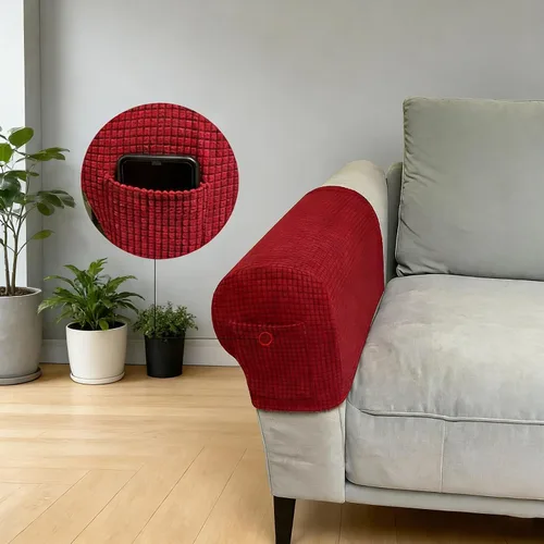 Miniatura 3 de Juego de 2 fundas elásticas para brazos de sofá con bolsillo, fundas extraíbles antideslizantes para reposabrazos para sillón reclinable y sillones