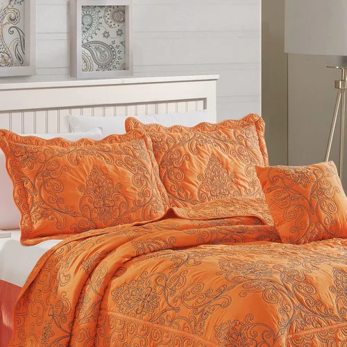 Miniatura 2 de Home Soft Things Juego de colcha de damasco de 4 piezas, edredón reversible con borde festoneado, juego de ropa de cama prelavado, patrón floral