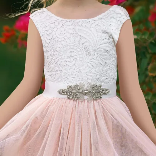 Miniatura 5 de MCieloLuna Vestidos de tul de longitud completa con encaje en la espalda para niña con lazo para fiesta, cumpleaños, primera comunión MC27
