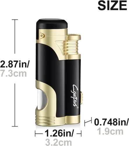 Miniatura 6 de GUEVARA Encendedor de Antorcha de Butano con Punzón a Prueba de Viento de Doble Chorro (Negro-Dorado) Dual jet flame, windproof, butane refillable