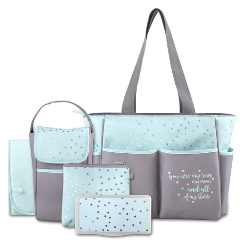 Baby Essentials Juego de 5 bolsas para pañales con sol, luna y estrellas, bolsillo para toallitas, bolsa para pañales sucios, cambiador Gris/ agua