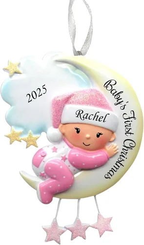 2025 Adorno de Primera Navidad del Bebé - Niña en la Luna - Recuerdo Personalizado de Vacaciones – Adorno Personalizado de Mi Primera Navidad para