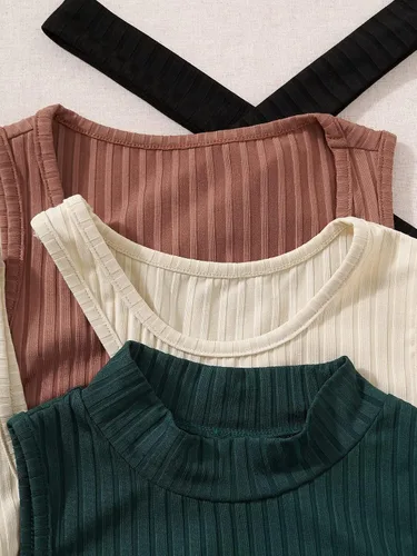Miniatura 3 de MakeMeChic Paquete de 4 camisetas sin mangas de punto acanalado liso para mujer