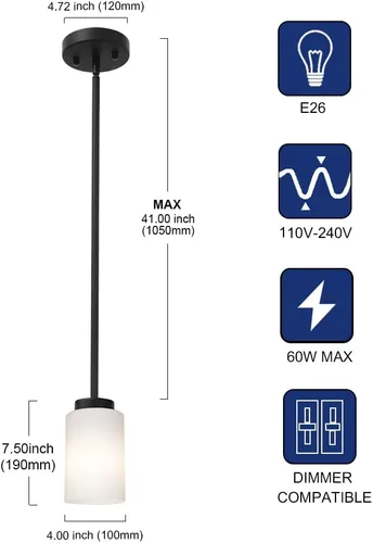 Miniatura 4 de TODOLUZ Luminaria Colgante Negra con Cristal Blanco Ópal, Mini Candelabro de Estilo Rústico para Isla de Cocina y Pasillo