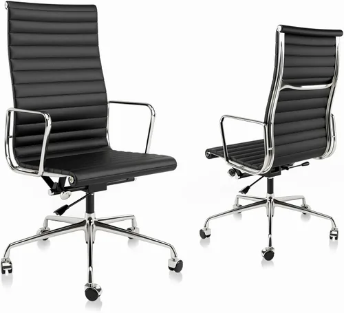 Miniatura 11 de Silla de oficina acanalada con cuero de grano superior, silla de escritorio ergonómica con respaldo alto con brazos y marco de aluminio, ruedas