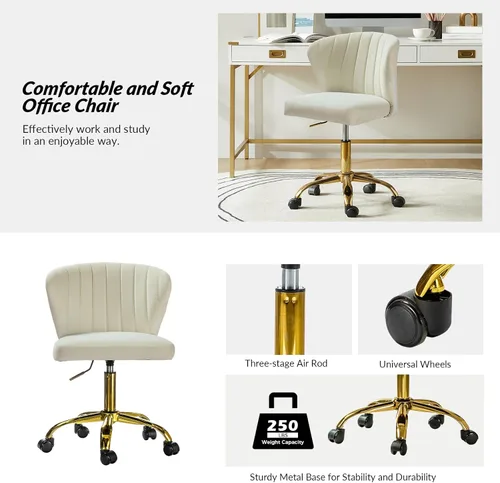 Miniatura 3 de HULALA HOME Silla de escritorio de oficina en casa con ruedas doradas, pequeña y linda silla de tocador con respaldo para dormitorio, asiento