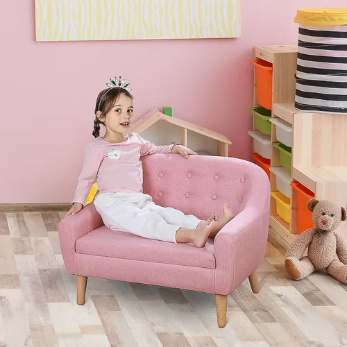 Miniatura 2 de Qaba Sofá para Niños de 2 Asientos, Sofá Sillón para Niños Pequeños, Tela Similar al Lino y Marco de Madera Silla Sofá para Edades 3-7, Asiento