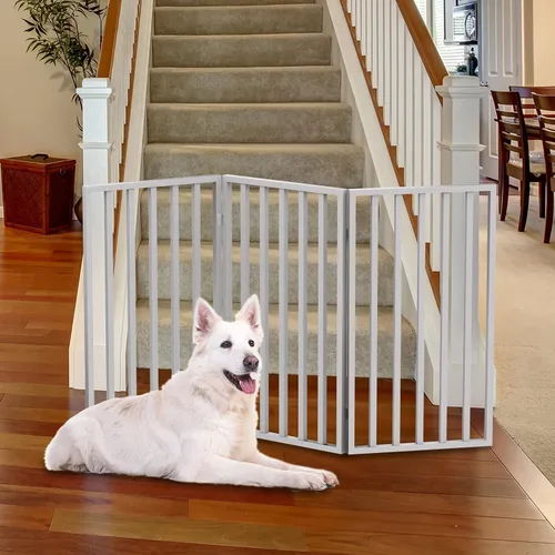 Miniatura 8 de Puerta para Mascotas de Interior - Puerta Plegable de 3 Paneles para Perros para Escaleras o Entradas - Cerca Independiente para Mascotas de 54x32