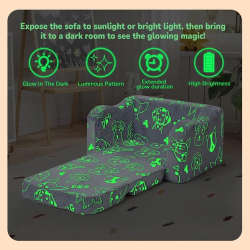 Miniatura 4 de MeMoreCool Sofá para niños que brilla en la oscuridad – Sillón convertible 2 en 1 y tumbona para siestas, estampado de perros, liviano, lavable