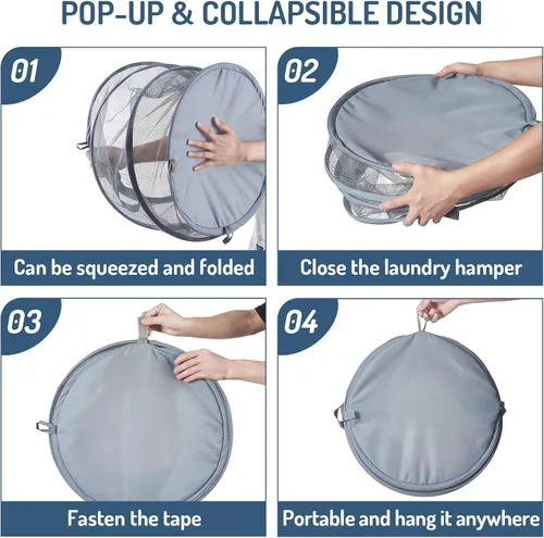 Miniatura 7 de Cesta plegable de malla para ropa sucia de 115 litros, cesta plegable de almacenamiento de ropa de gran capacidad con asas, 26 pulgadas de alto x 18