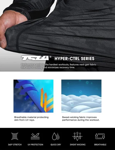 Miniatura 7 de TSLA - Paquete de 1 o 3 camisas de compresión de manga larga FPU 50+ para hombre, camisa de entrenamiento atlético, protector de erupción