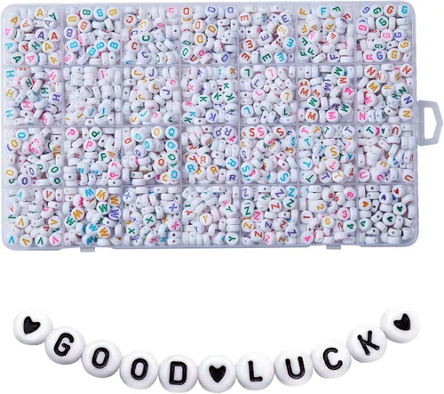 1400 piezas de cuentas de letras, cuentas de acrílico del alfabeto de 4x7 mm, cuentas para hacer joyas y pulseras, en caja de 28 rejillas (blanco y