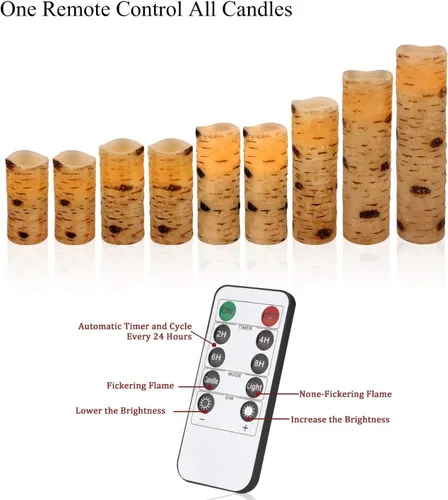 Miniatura 3 de Enpornk Velas LED parpadeantes sin llama con efecto corteza de abedul, juego de 9 pilares de cera real que funcionan con pilas con control remoto
