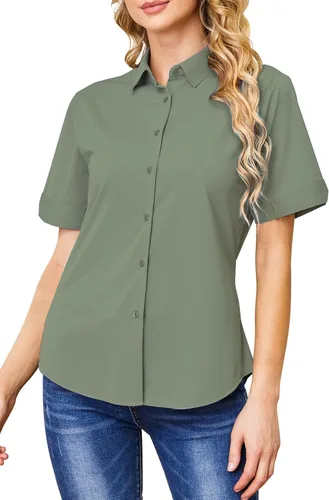 Miniatura 8 de Camisas con botones para mujer, sin arrugas, ajustadas, manga corta, formal, sólidas, blusas