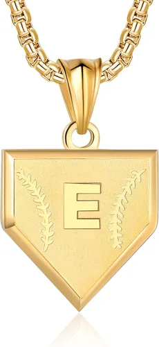 Miniatura 19 de Collar con inicial de la A a la Z para niños, de acero inoxidable, con dije de escudo de letra, cadena de 22 + 2 pulgadas, inspirador de béisbol