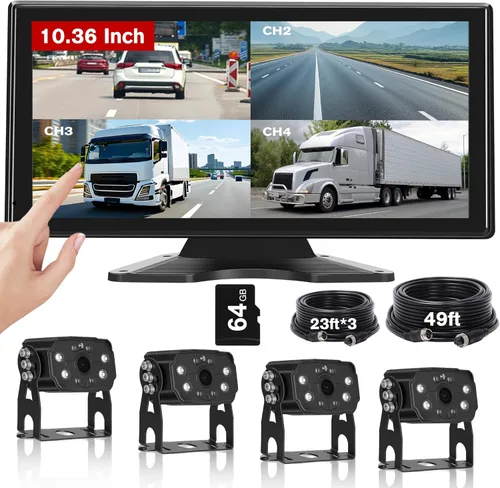 Sistema de cámara de respaldo con 4 cables para camión RV, monitor de pantalla táctil de 10.36 pulgadas con 4 cámaras 1080P, alerta BSD inteligente,