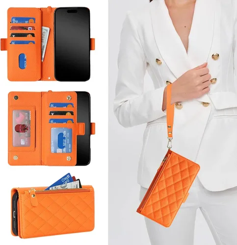 Miniatura 2 de Funda compatible con iPhone 13 Pro Max para Apple 12 Pro Max, piel sintética naranja, rombo para mujeres y hombres, bolsillo con cremallera