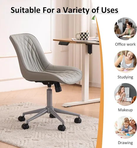 Miniatura 8 de YOUNIKE Silla de oficina ergonómica de piel sintética gris sin brazos, cómoda silla de escritorio con respaldo mecedor, bonita silla giratoria