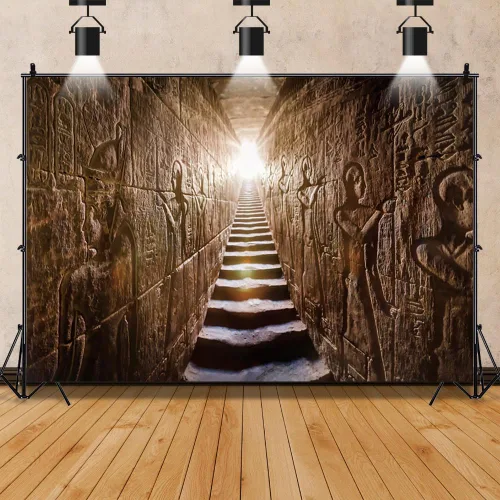 Telón de fondo del templo egipcio de 5 x 3 pies, escalera antigua, luz tenue antigua, misteriosa, tallas jeroglíficas, decoración para colgar en la