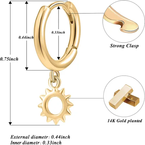 Miniatura 6 de SANNYRA Aretes de aro para mujer, chapados en oro de 14 quilates, circonita cúbica, luna, estrella, rayo, mal de ojo, aretes colgantes para mujer