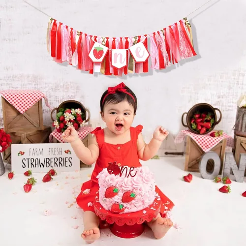 Miniatura 3 de Decoraciones de fiesta de fresa para primer cumpleaños, cartel de fresa para silla de bebé para accesorios de cabina de fotos y telón de fondo