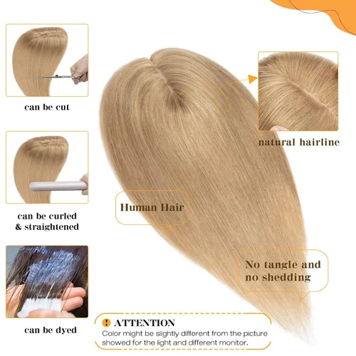 Miniatura 3 de S-noilite Toppers para el cabello humano real para mujer, sin flequillo, 14 pulgadas, #27 rubio oscuro, base de seda, clip en la parte superior