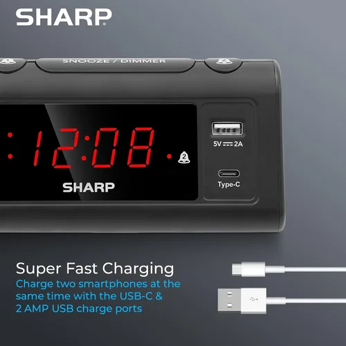 Miniatura 2 de Reloj de Alarma Sharp para Dormitorios, Carga USB-C Super Rápida y Carga USB de 2 Amperios Rápida, 2 Alarmas, Atenuador de 3 Pasos, Función Reposo