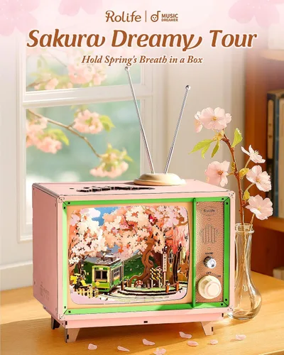 Miniatura 3 de Rolife Rompecabezas de madera 3D para adultos Kit DIY de rincón de libro de 16" Caja de música de flor de cerezo japonés Juguete conjunto