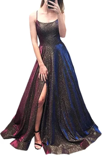 Vestidos largos para baile de graduación, acampanados, con bolsillos, formales, para fiestas de noche, con abertura lateral y purpurina