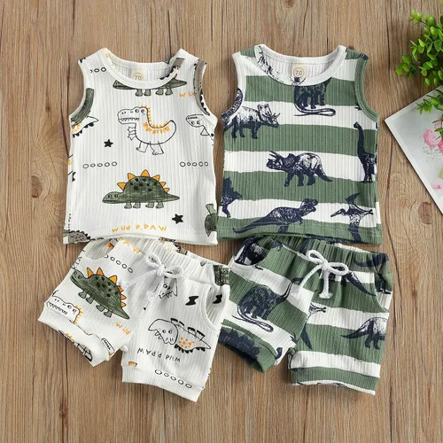 Miniatura 7 de Ledy Champswiin Ropa de niño para bebé, traje de verano con estampado de letras de dinosaurio, tops de algodón y pantalones cortos elásticos grises