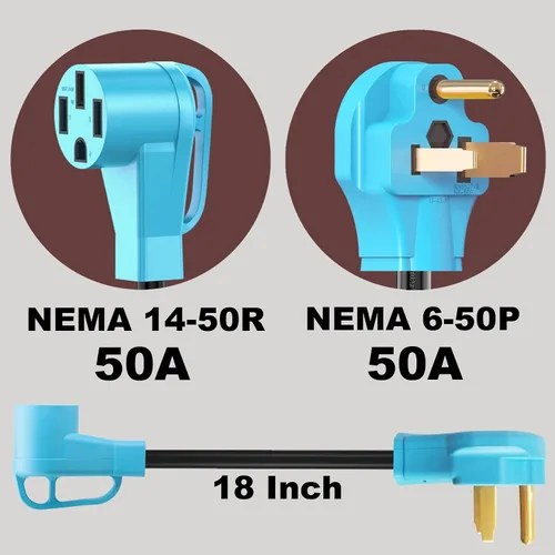 Miniatura 3 de CircleCord Cable adaptador de cargador NEMA 6-50P a 14-50R EV para carga EV de nivel 2, diseño doblado de 180 grados con mango de agarre, calibre 6