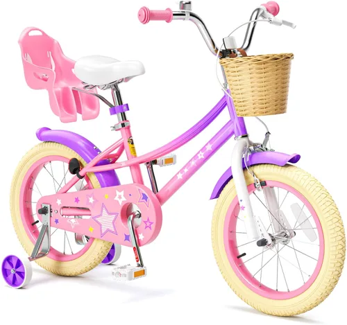 Miniatura 15 de Glaf Bicicleta para niñas de 12, 14, 16, 20 pulgadas, con ruedas de entrenamiento para niños de 2 a 12 años, bicicleta con cesta y asiento