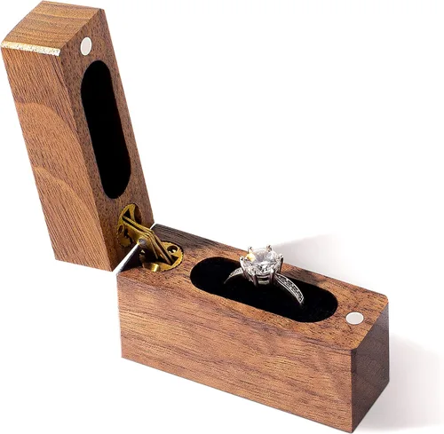 Miniatura 3 de Wislist Caja de anillos de compromiso de madera pequeña y delgada para propuestas boda madera de nogal
