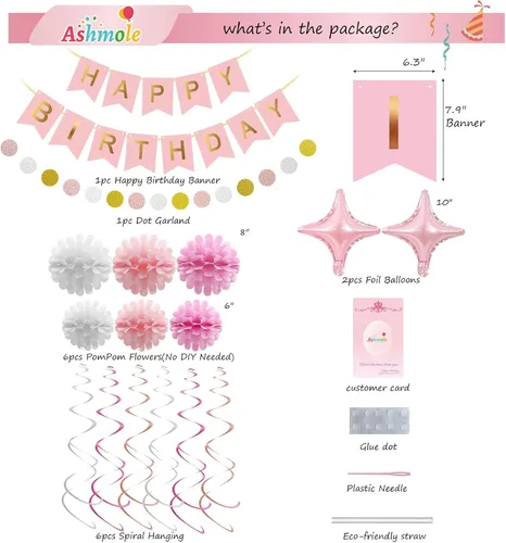 Miniatura 4 de Decoraciones de cumpleaños de oro rosa para mujeres y niñas, decoraciones de fiesta rosa, pancarta de feliz cumpleaños, 6 flores de tejido