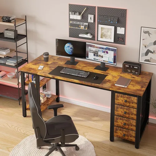 Miniatura 2 de Lufeiya - Escritorio de computadora de 55 pulgadas con 4 cajones de tela y estantes de almacenamiento, escritorio de escritura, trabajo y estudio