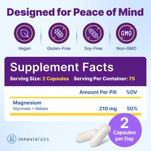 Miniatura 3 de InnovixLabs Cápsulas avanzadas de magnesio, 150 unidades, 210 mg, glicinato quelado y malato, alta absorción, promueve la relajación, los huesos