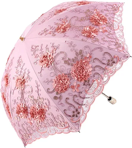 Honeystore - Sombrilla vintage de encaje UV con flores 3D bordadas, plegable