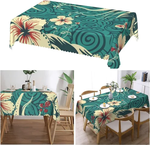 Miniatura 7 de KHiry Manteles rectangulares de 54 x 72 pulgadas, diseño de algunas olas e hibisco, impermeable, resistente, mantel decorativo, sin arrugas