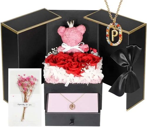 Miniatura 10 de Bonito regalo de oso de rosas reales preservadas con collares iniciales chapados en oro de 18 quilates para mujeres, día de la madre, cumpleaños