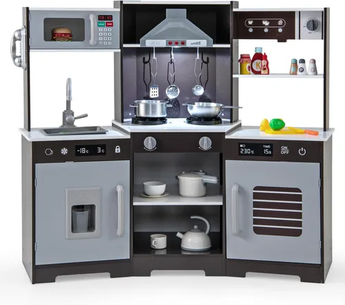 Miniatura 10 de HONEY JOY Cocina de Jugar de Rincón, Juego de Cocina de Madera para Niños Pequeños con Luces, Cafetera, Microondas, Fregadero, Grifo, Juego