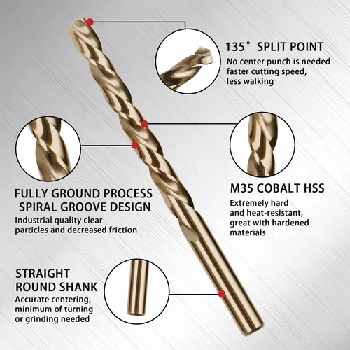 Miniatura 2 de Juego de 13 brocas de cobalto, M35 HSS, SAE (1/16 - 1/4 pulgadas), punta de 135°, kit de brocas de longitud de giro para metal endurecido, acero