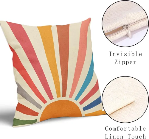 Miniatura 3 de Fundas de almohada boho con diseño de sol y atardecer 18x18, juego de 2 fundas de almohada decorativas de lino con arco iris y cierre