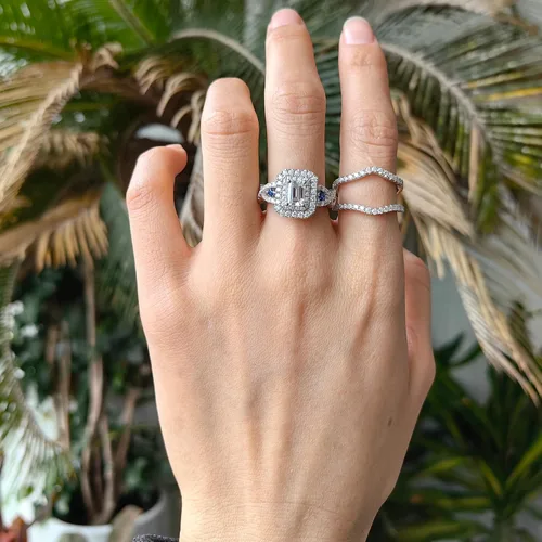 Miniatura 5 de DovEggs 3.26ct Total 5x7mm G-H-I Color Emerald Cut Moissanite Antqiue Double Halo Engagement Ring Moissanite&Blue Sapphire Accents Curved Enhancer