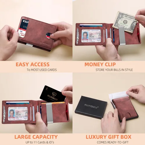 Miniatura 36 de RUNBOX - Carteras delgadas para hombre, cartera de piel con pinza para el dinero, cartera de bolsillo frontal con bloqueo RFID, tarjetero