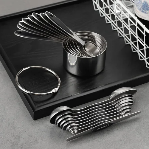 Miniatura 5 de Juego de tazas y cucharas medidoras de acero inoxidable, incluye 8 tazas medidoras resistentes, 8 cucharas medidoras magnéticas de doble cara y 1