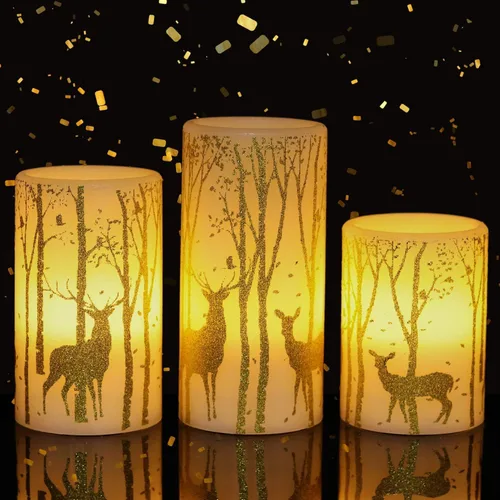 Miniatura 6 de GenSwin Velas parpadeantes sin llama de ciervo que funcionan con pilas con temporizador de 6 horas, velas LED de pilar de cera real, luz cálida